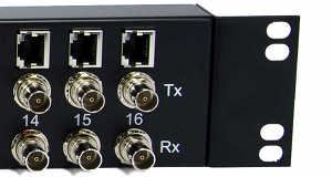 {Photo of 16 E1 Balun Panel with front mounted BNC coax and RJ45 connectors]