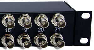 [Photo of 21 E1 Balun Panel with BNC coax connectors]