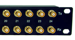 [Photo of 24 E1 Telco Balun Panel with 1.6/5.6 coax connectors]