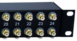 [Photo of 24 E1 Telco Balun Panel with Type 43 coax connectors]
